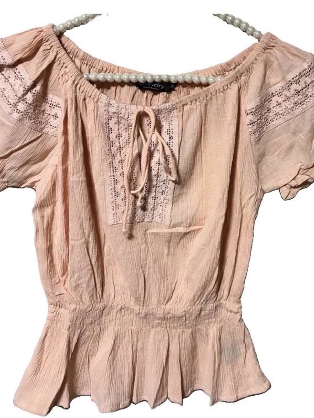 CHAUDRY KC Cropped Crinkle Smocked Coquette Peach Top M  NWT Bust 36 Length 20